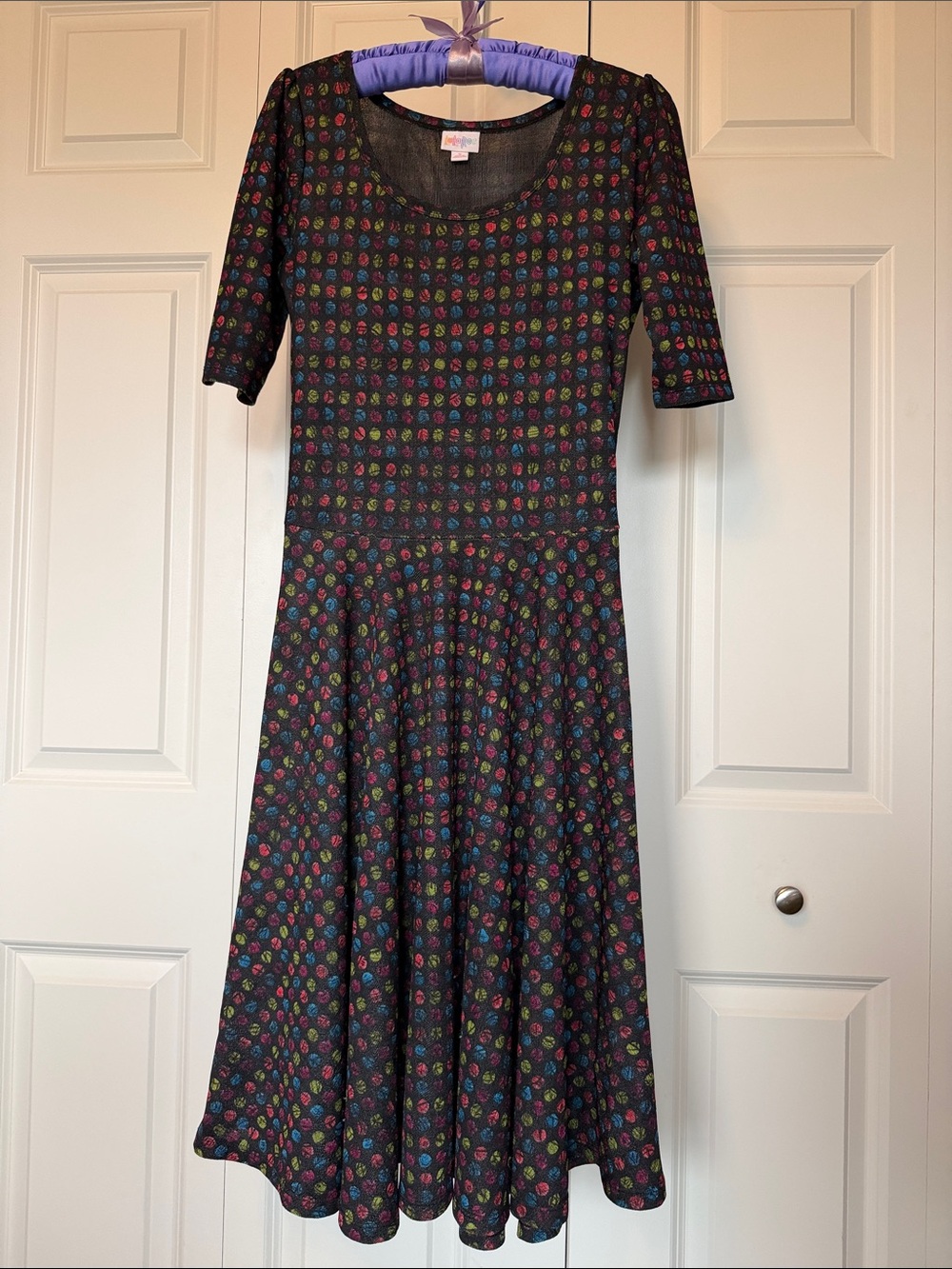 LuLaRoe Black Midi Dress with Pink, Green, Blue & Purple Floral Dots